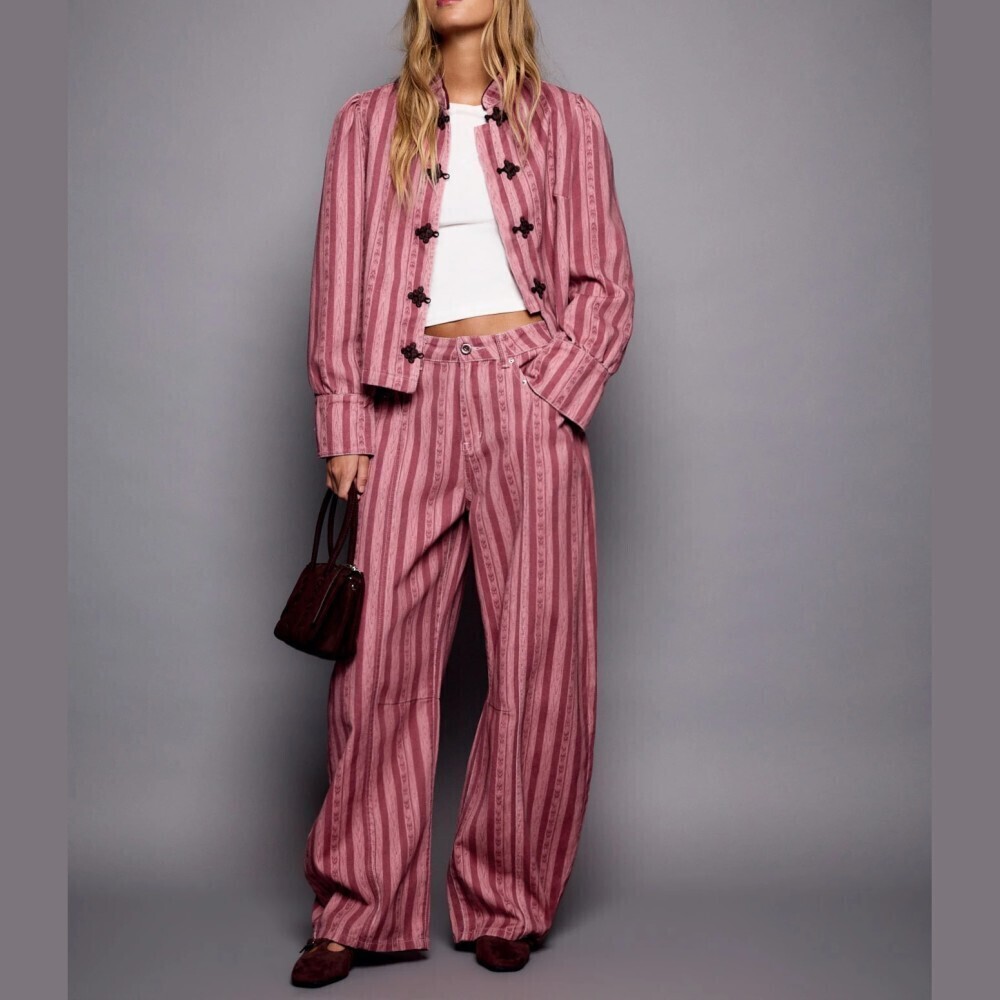 Pink Striped Print Denim Frog Closure Mandarin Collar Cropped Jacket
